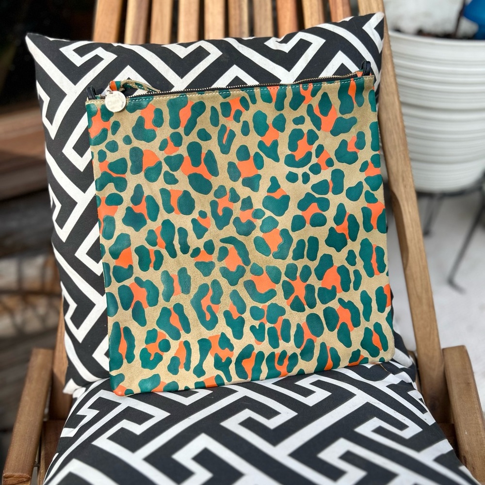 Clare V Leopard Print Clutch in Green and Orange